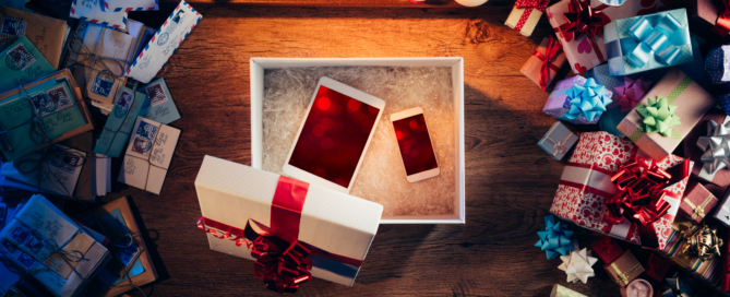Electronic Devices that have been wrapped as gifts.